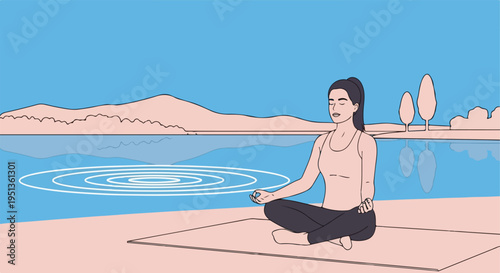 Woman meditates peacefully on a mat by a serene lake with distant hills