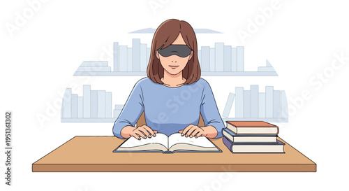 Blindfolded person studying books on a desk with shelves in background