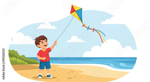 Joyful child happily flying a colorful kite on a sunny beach by the ocean