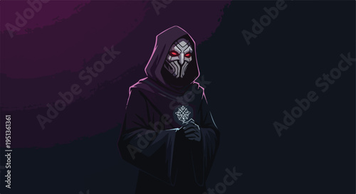 Mysterious hooded figure with glowing red eyes and intricate mask