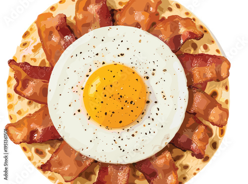 Fried egg with crispy bacon on flatbread illustration, delicious breakfast meal isolated on white background, classic morning food concept for restaurant menu design