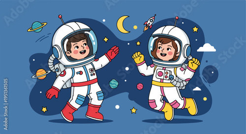Two children in colorful astronaut suits float joyfully in outer space