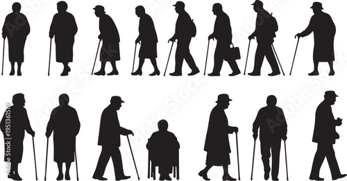 Silhouettes of elderly people walking with canes and mobility aids