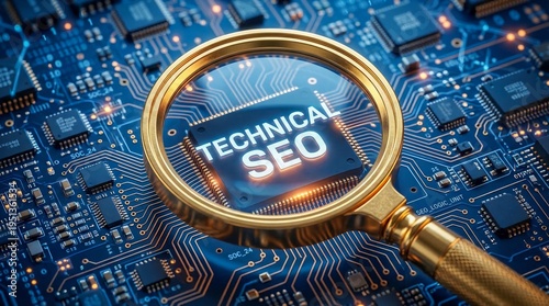 Technical SEO Concept, Magnifying Glass on Circuit Board, Digital Search