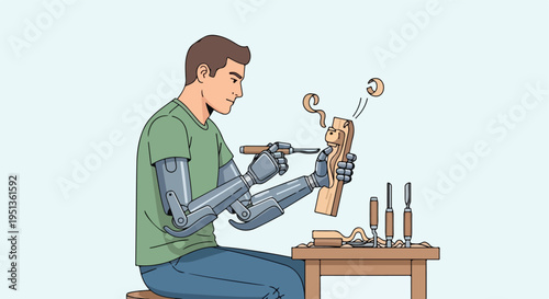 A man with robotic arms carves wood with chisels, shavings fly