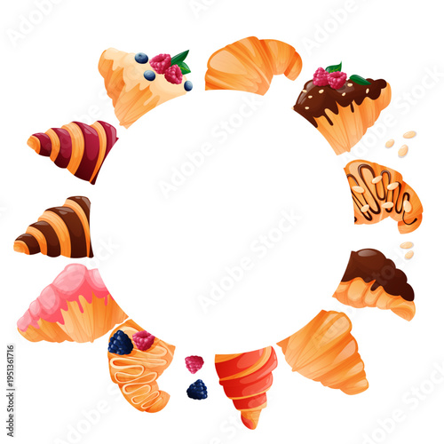 colorful round background with delicious pastries on a white background. Concept for confectionery, baking, cooking, buns, and puissants. Illustration for posters, flyers, cards, and invitations.