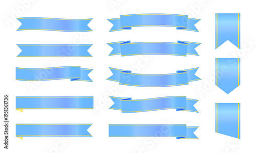 多彩な形状の青いグラデーションリボンバナーセット、見出し装飾やラベルに使えるフラットデザイン素材（ベクター）