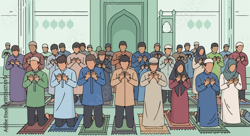 Diverse group of people in prayer inside a mosque, observing religious tradition