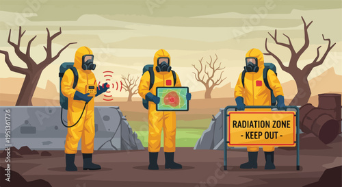 Hazmat suited figures monitor dangerous radiation zone