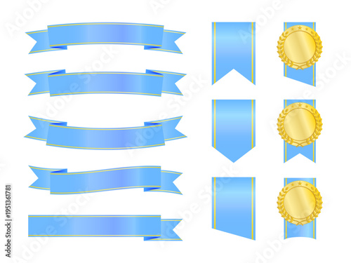 金色メダルとブルーリボンを組み合わせた高級感あるアワード風デザインセット、ランキングや表彰向け装飾素材