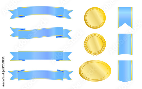 楕円・円形のゴールドバッジと青いリボンのセット、エンブレムや認証マークに最適な装飾アイコン集