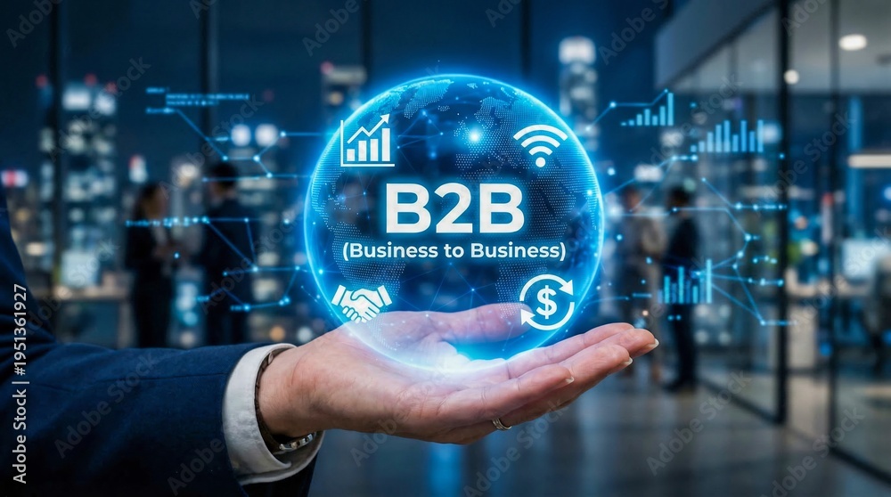 Fototapeta premium B2B Hologram Sphere, Business Innovation, AI Data Network, Finance Tech