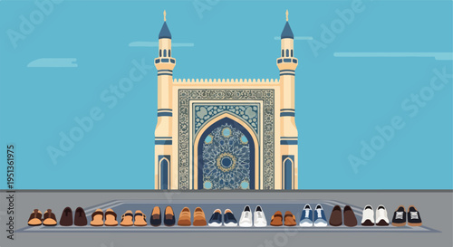 Shoes lined up outside a grand mosque with twin minarets under a clear sky
