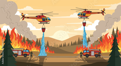 Helicopters and fire trucks combat raging forest fire with water drops