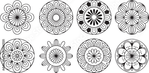 set of intricate circular floral designs with swirling patterns and shapes