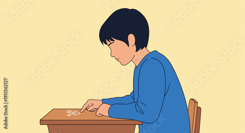 A child in a blue shirt draws with a finger on a wooden desk