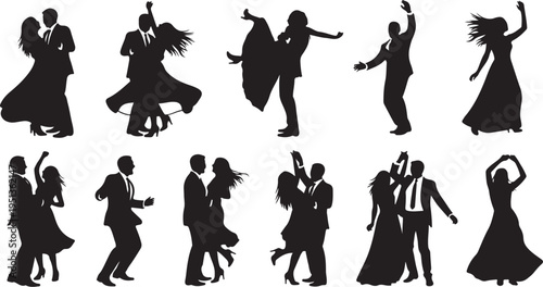 Silhouettes of people dancing in various poses and styles freely