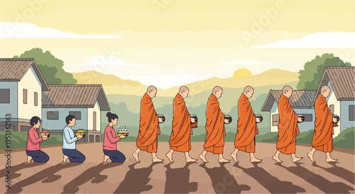 Monks in orange robes receive alms from kneeling villagers at sunrise