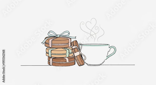 Cozy morning with steaming coffee cup and stack of wrapped cookies on a clean white background