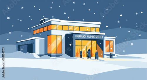 Snowy evening at an emergency warming shelter with people entering