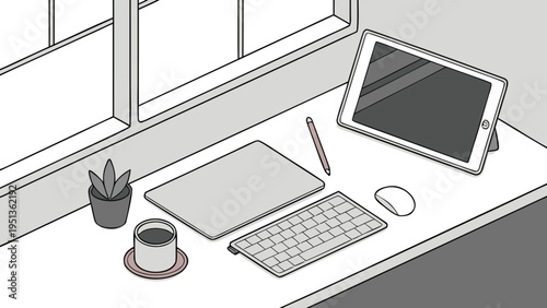 Minimalist desk workspace illustration featuring a digital tablet, keyboard, and coffee cup on a clean white surface by a bright window for remote work.