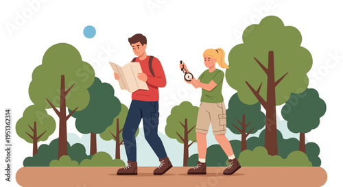 Two hikers, a man with a map and a woman with a compass, explore a forest trail