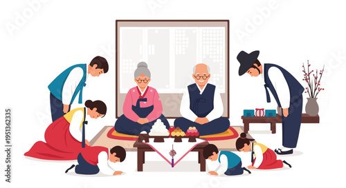 Elderly couple in traditional attire receives bows from younger generation