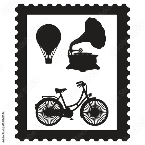 Vintagethemed postage stamp with silhouettes of hot air balloon gramophone and bicycle isolated on transparent background in a single image