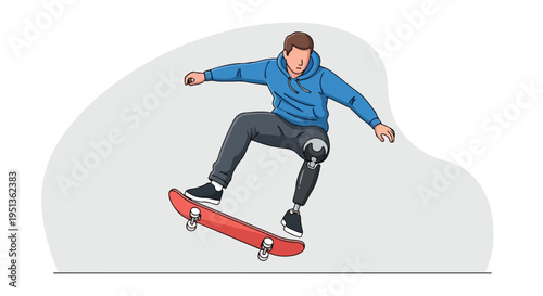 A person with a prosthetic leg performs a skateboarding trick on a red board