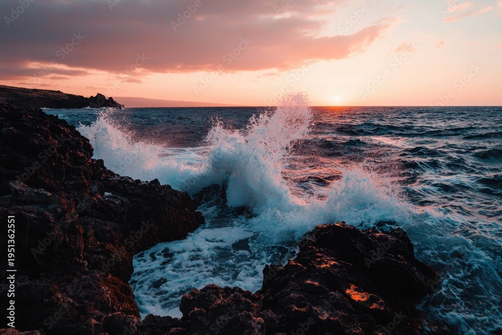 Fototapeta premium Rolling waves crashing on rocky coastline during colorful sunset with dramatic clouds and vibrant ocean water creating powerful and serene natural scene