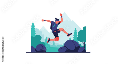 Man with backpack leaps across rocks and trees in mountainous landscape
