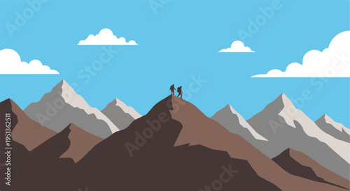 Two hikers stand atop a mountain peak, surrounded by a majestic mountain range under a clear blue sky with clouds