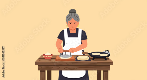 An older woman with gray hair makes tortillas in a kitchen setting