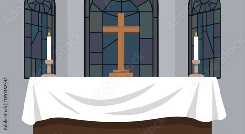 Altar with cross and lit candles against a stained glass window backdrop