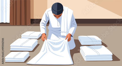 A person in white attire carefully folds a white fabric with stacks of folded white items
