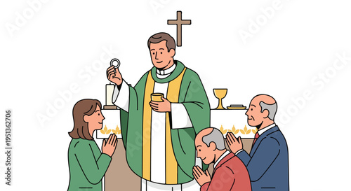 Clergy officiates religious ceremony with parishioners participating in communion