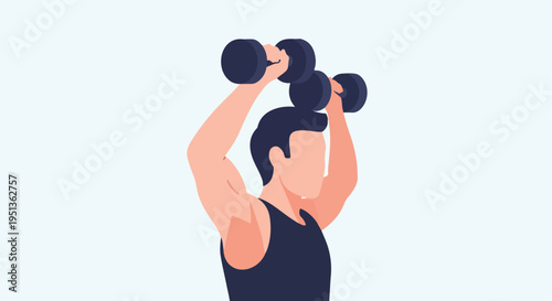 Person performing bicep curls with dark blue dumbbells on a light blue background
