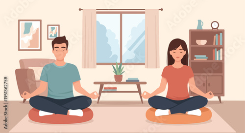 Couple meditating peacefully in a cozy room with artwork and a bookshelf