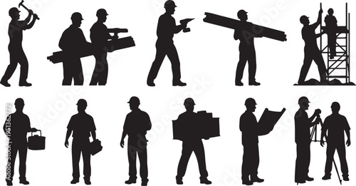 Silhouettes of construction workers in various poses and actions