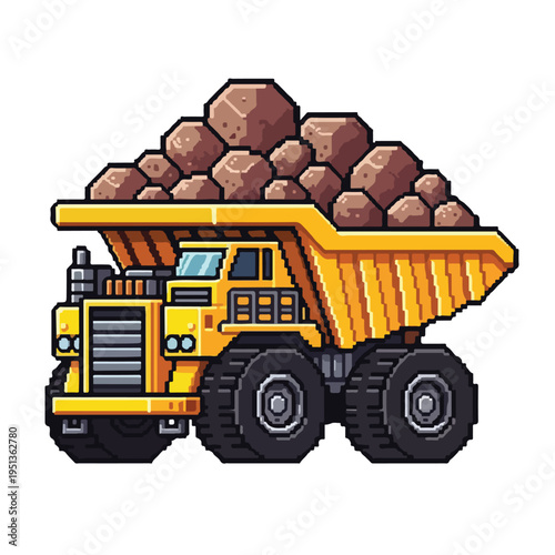 Pixel art heavy duty dump truck carrying brown rocks