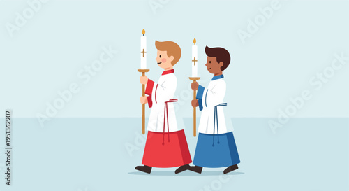 Two boys in liturgical vestments hold lit candles, walking