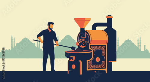 A roaster operator tends to a coffee roasting machine with an ornate design, silhouetted against a city skyline