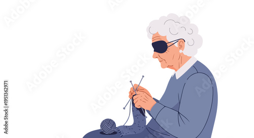 Elderly person with eye patch knitting a garment with yarn and needles