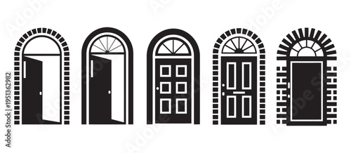 Arched doors icon collection, open and closed home entryways, decorative details, brick frame designs, vector architecture symbols
