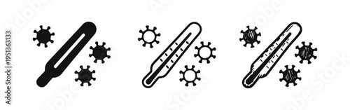 Medical Thermometer with Virus Icons: Symptoms of Viral Infection and Fever Check