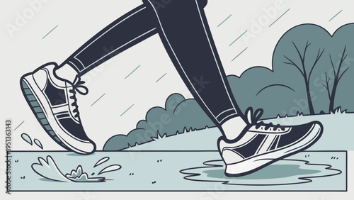 Running shoes and legs jogging through a park in the rain, stepping into a water puddle with splashes in a vector illustration.