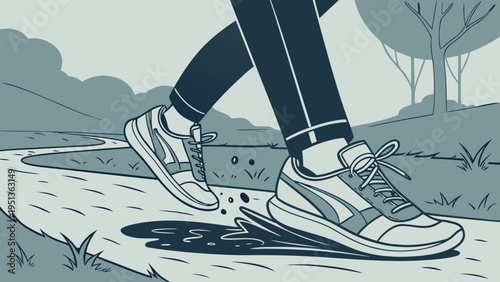 Minimalist vector illustration showing sneakers stepping into a water puddle on a winding park path, capturing an active outdoor lifestyle in monochromatic style.