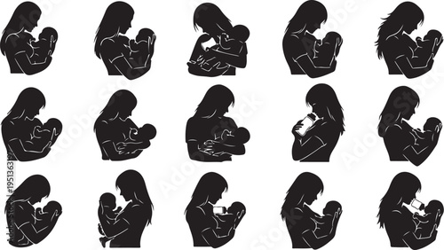 Mother and child silhouettes in various nursing positions together