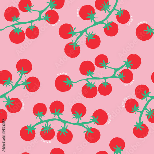 Hand drawn pattern with small red cherries on pink background and words:  tomatoes, I love you. Vector illustration with vegetables.