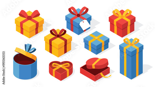 Gift boxes vector set, isometric 3D presents, open and closed packages, Christmas, Xmas, New Year, Noel Eve, birthday, Valentines Day, festive gift illustrations, vector graphics for apps, websites, 